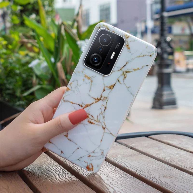 For Xiaomi 11T Pro 5G/11T 5G Smart Phone Soft TPU Protective Cover IMD Marble Pattern Drop-proof Case - White