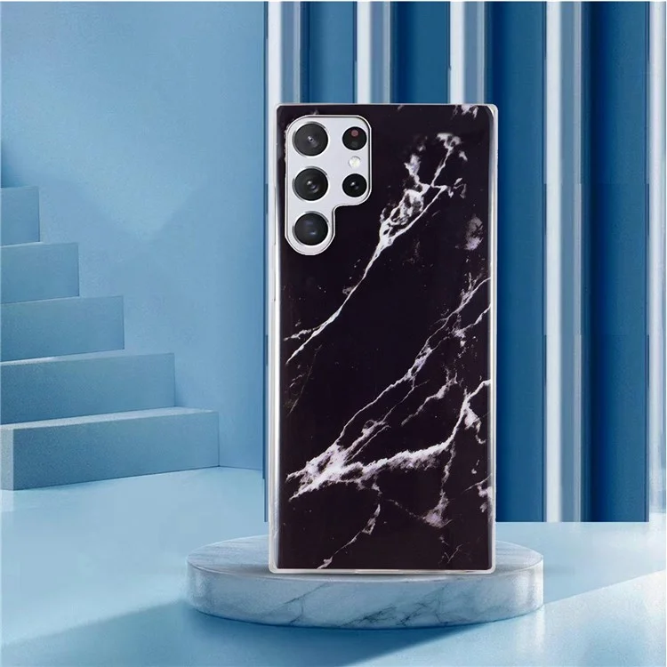 For Samsung Galaxy S22 Ultra 5G Phone Drop-proof Soft TPU Cover IMD Marble Pattern Anti-scratch Case - Black