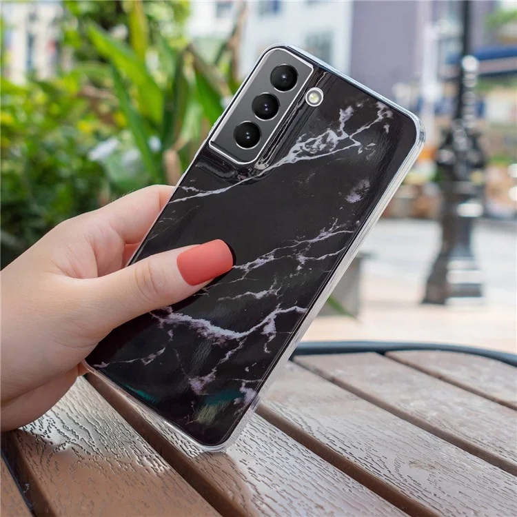 For Samsung Galaxy S22 5G Soft TPU IMD Marble Pattern Phone Cover Anti-scratch Anti-drop Back Case - Black