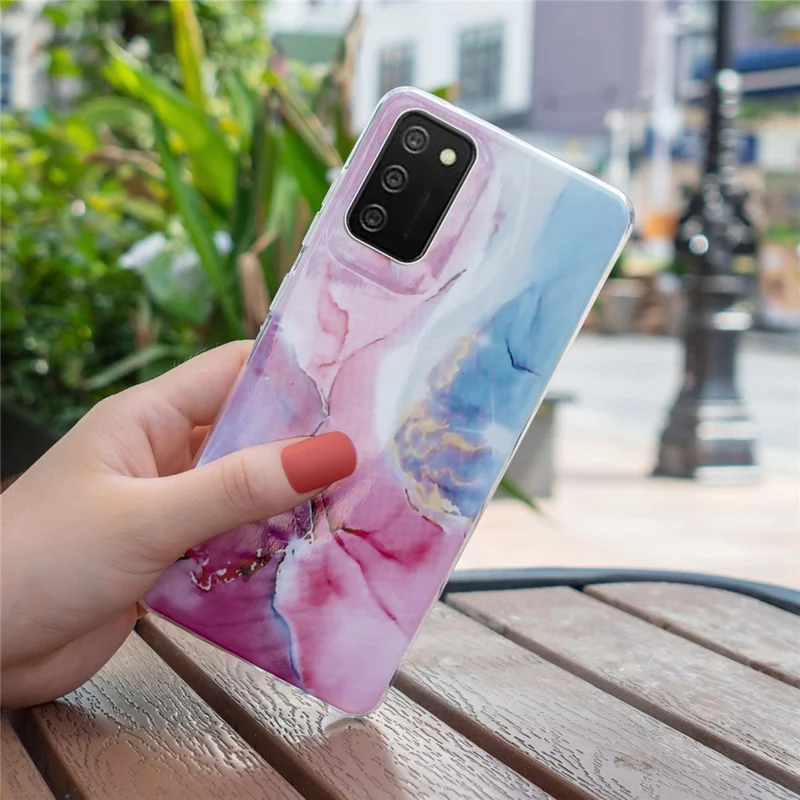 For Samsung Galaxy A02s (164.2mm) Flexible TPU Phone Back Cover IMD Marble Pattern Shockproof Case - Pink / Blue