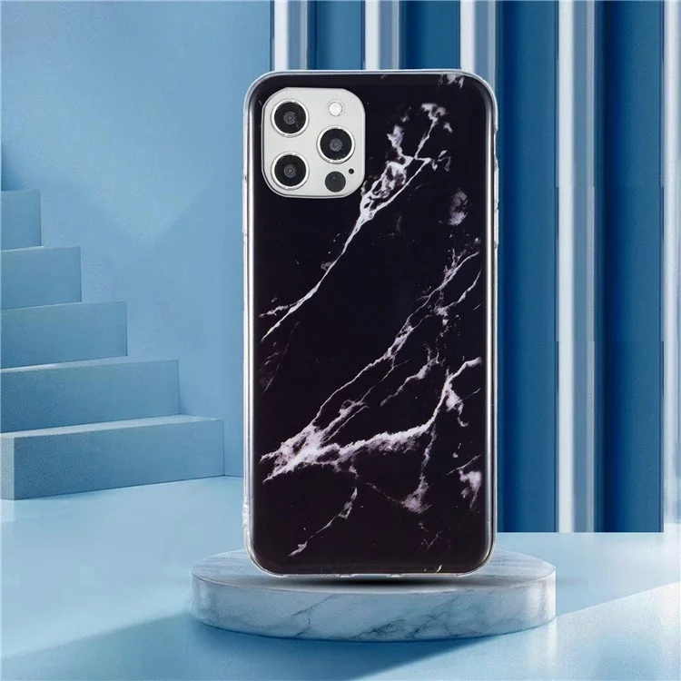 For iPhone 12 Pro Max 6.7 inch Soft TPU Case Stylish Marble Pattern IMD Protective Phone Back Cover - Black