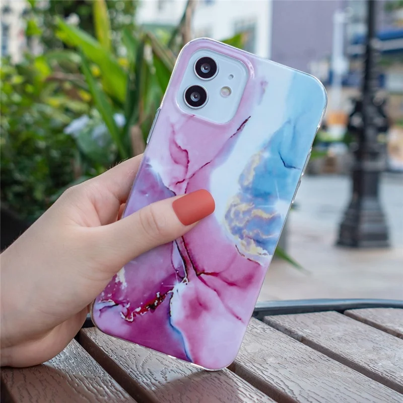 For iPhone 12 mini 5.4 inch IMD Marble Pattern Ultra Slim Phone Case Drop-proof Protective Cover - Pink/Blue