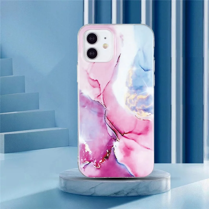 For iPhone 12 mini 5.4 inch IMD Marble Pattern Ultra Slim Phone Case Drop-proof Protective Cover - Pink/Blue