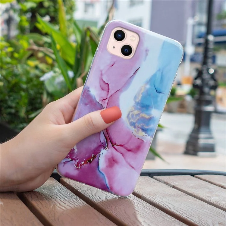 Для iPhone 13 mini 5.4 дюйма Мраморный рисунок IMD Slim чехол для телефона Анти-капля Мягкий TPU задняя крышка - Розовый/Синий