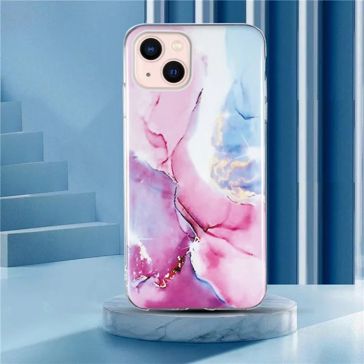 Для iPhone 13 mini 5.4 дюйма Мраморный рисунок IMD Slim чехол для телефона Анти-капля Мягкий TPU задняя крышка - Розовый/Синий