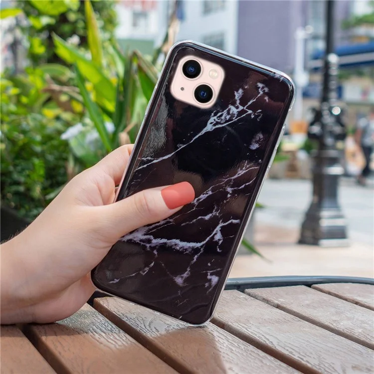 Soft TPU Case for iPhone 13 6.1 inch, Marble Pattern IMD Shockproof Well-protected Cover - Black