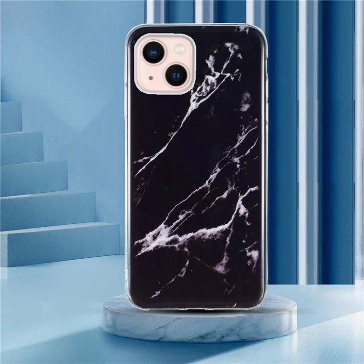 Soft TPU Case for iPhone 13 6.1 inch, Marble Pattern IMD Shockproof Well-protected Cover - Black