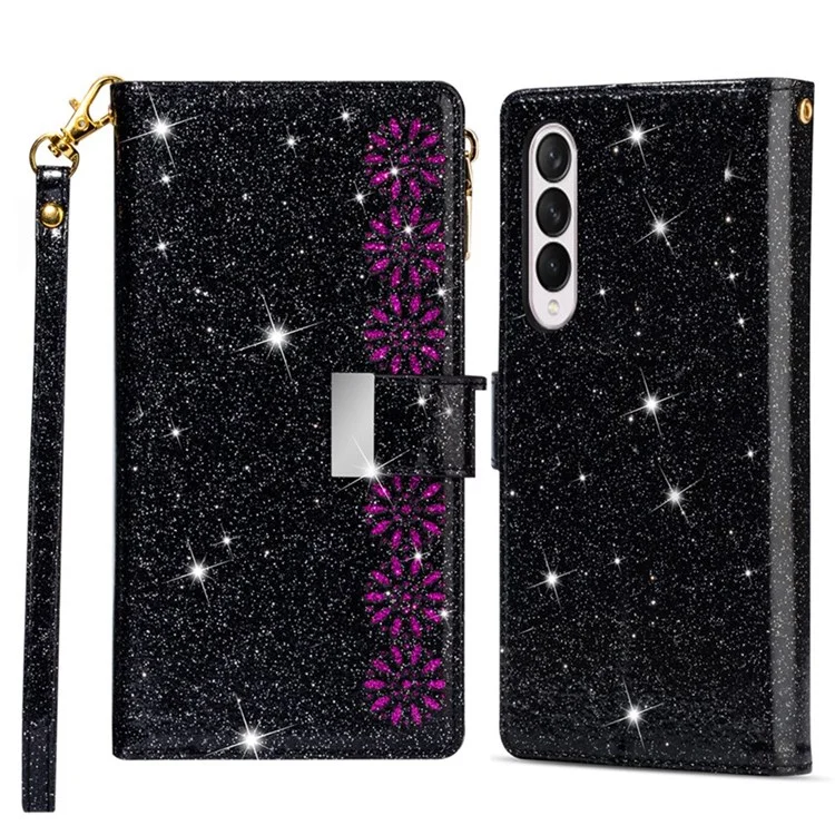 Per Samsung Galaxy Z Fold4 5G Style Bling Star Laser Lavorazione Custodia Borsa Cerniera Portafoglio Stand Anti-usura Custodia in Pelle con Tracolla - Nero