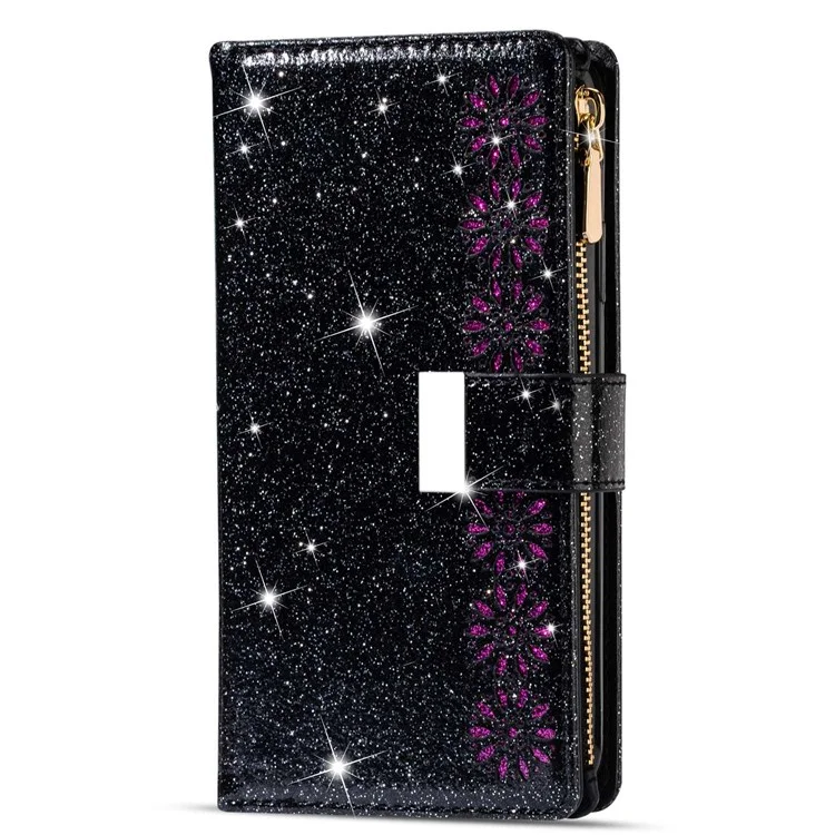 Per Samsung Galaxy Z Fold4 5G Style Bling Star Laser Lavorazione Custodia Borsa Cerniera Portafoglio Stand Anti-usura Custodia in Pelle con Tracolla - Nero