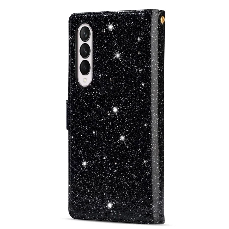 Per Samsung Galaxy Z Fold4 5G Style Bling Star Laser Lavorazione Custodia Borsa Cerniera Portafoglio Stand Anti-usura Custodia in Pelle con Tracolla - Nero