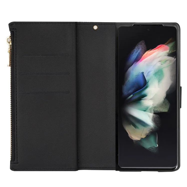 Per Samsung Galaxy Z Fold4 5G Style Bling Star Laser Lavorazione Custodia Borsa Cerniera Portafoglio Stand Anti-usura Custodia in Pelle con Tracolla - Nero