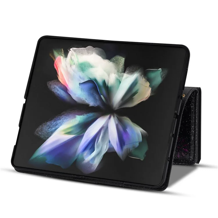 Per Samsung Galaxy Z Fold4 5G Style Bling Star Laser Lavorazione Custodia Borsa Cerniera Portafoglio Stand Anti-usura Custodia in Pelle con Tracolla - Nero