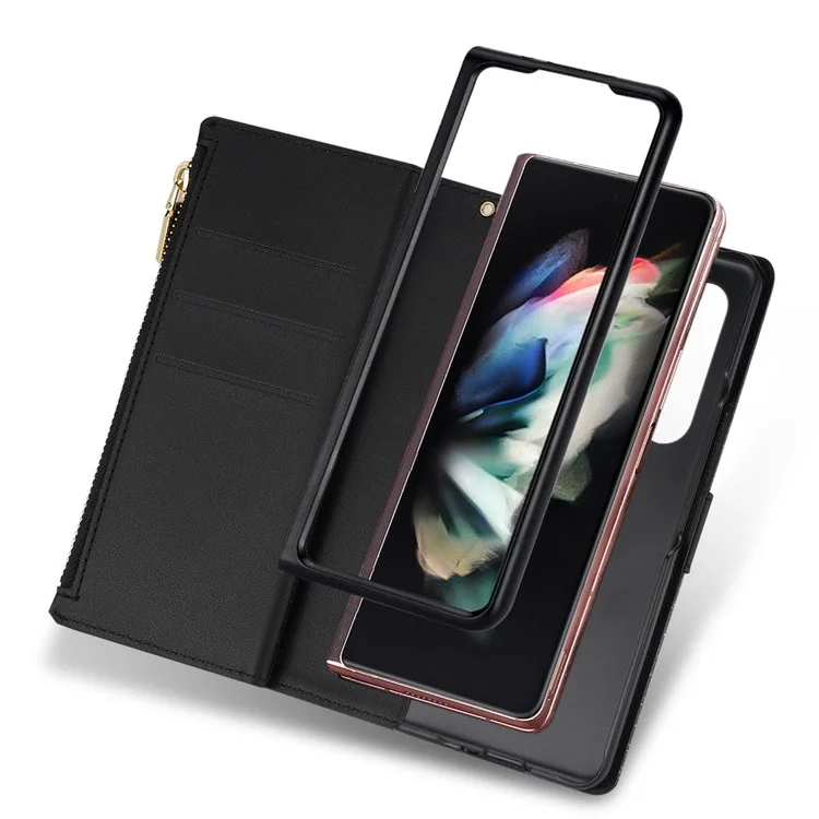 Per Samsung Galaxy Z Fold4 5G Style Bling Star Laser Lavorazione Custodia Borsa Cerniera Portafoglio Stand Anti-usura Custodia in Pelle con Tracolla - Nero