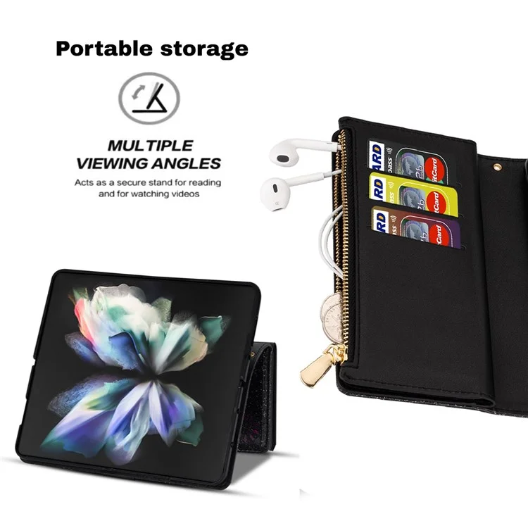 Per Samsung Galaxy Z Fold4 5G Style Bling Star Laser Lavorazione Custodia Borsa Cerniera Portafoglio Stand Anti-usura Custodia in Pelle con Tracolla - Nero