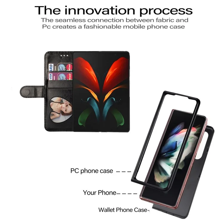 For Samsung Galaxy Z Fold4 5G Zipper Pocket Glittery PU Leather Case Wallet Stand Magnetic Clasp Phone Cover - Black