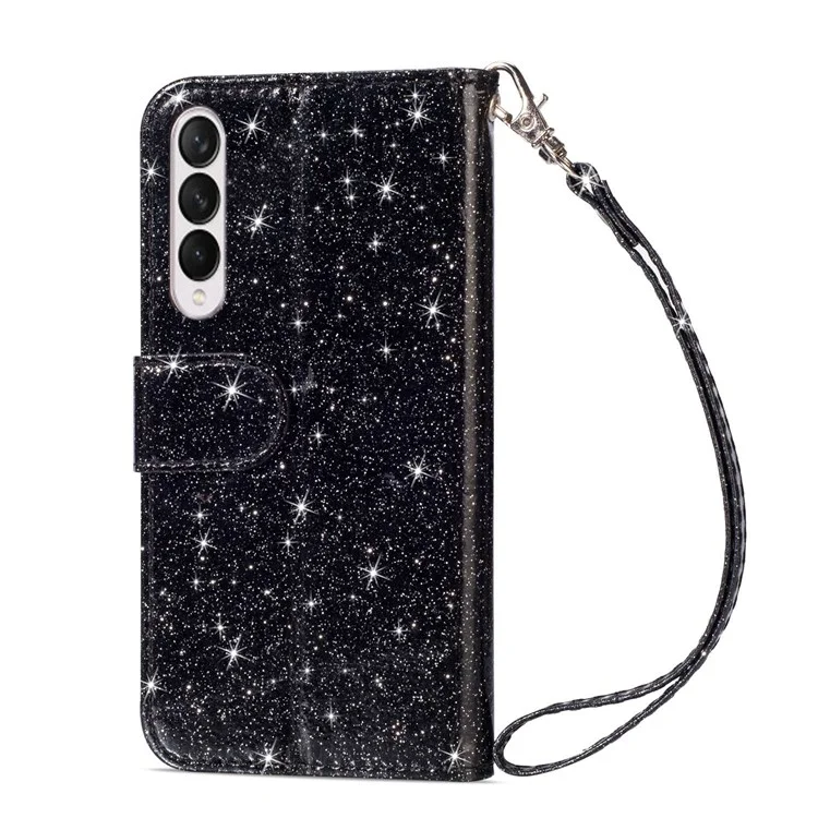 For Samsung Galaxy Z Fold4 5G Zipper Pocket Glittery PU Leather Case Wallet Stand Magnetic Clasp Phone Cover - Black