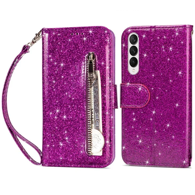 Para Samsung Galaxy Z Fold4 5G Zipper Pocket Glittery PU Leather Case Wallet Stand Magnetic Clasp Phone Cover - Roxo