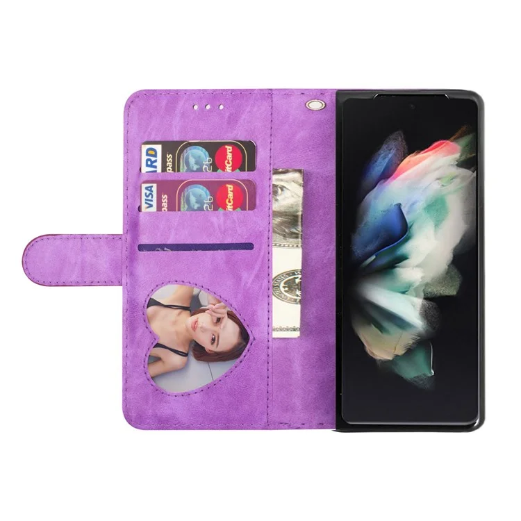Para Samsung Galaxy Z Fold4 5G Zipper Pocket Glittery PU Leather Case Wallet Stand Magnetic Clasp Phone Cover - Roxo
