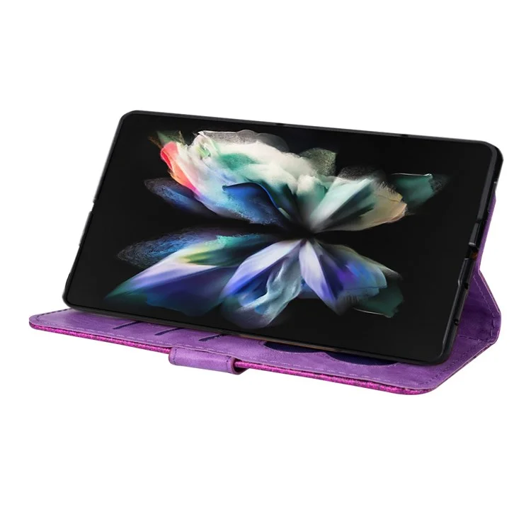 Para Samsung Galaxy Z Fold4 5G Zipper Pocket Glittery PU Leather Case Wallet Stand Magnetic Clasp Phone Cover - Roxo
