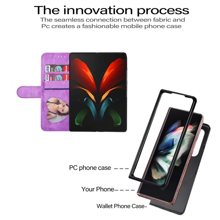 Para Samsung Galaxy Z Fold4 5G Zipper Pocket Glittery PU Leather Case Wallet Stand Magnetic Clasp Phone Cover - Roxo