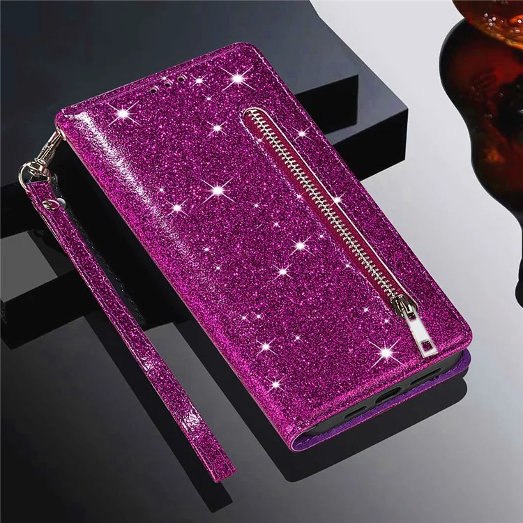 Para Samsung Galaxy Z Fold4 5G Zipper Pocket Glittery PU Leather Case Wallet Stand Magnetic Clasp Phone Cover - Roxo