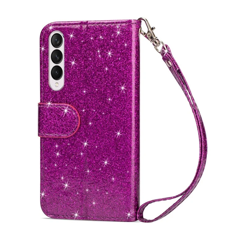 Para Samsung Galaxy Z Fold4 5G Zipper Pocket Glittery PU Leather Case Wallet Stand Magnetic Clasp Phone Cover - Roxo