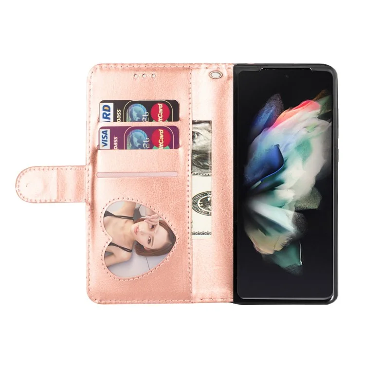 Para Samsung Galaxy Z Fold4 5G Zipper Pocket Glittery PU Leather Case Wallet Stand Magnetic Clasp Phone Cover - Rose Gold