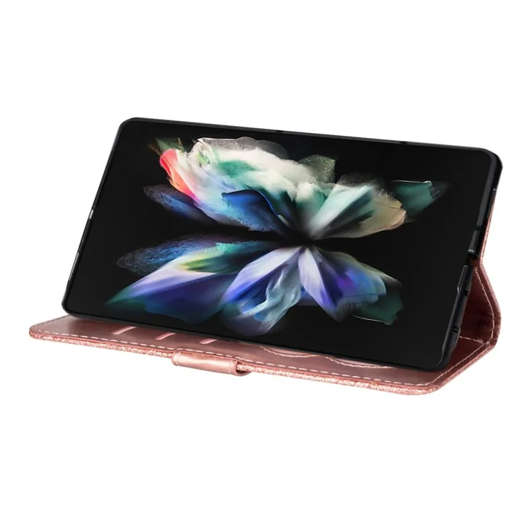 Para Samsung Galaxy Z Fold4 5G Zipper Pocket Glittery PU Leather Case Wallet Stand Magnetic Clasp Phone Cover - Rose Gold