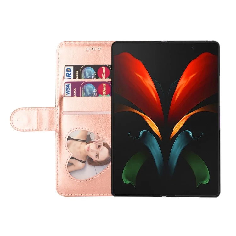 Para Samsung Galaxy Z Fold4 5G Zipper Pocket Glittery PU Leather Case Wallet Stand Magnetic Clasp Phone Cover - Rose Gold