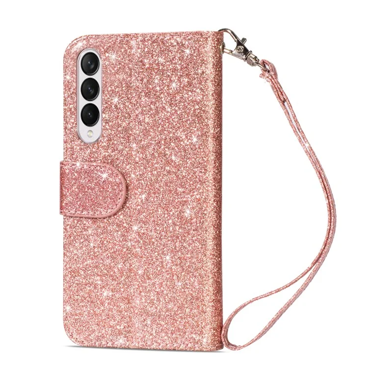 Para Samsung Galaxy Z Fold4 5G Zipper Pocket Glittery PU Leather Case Wallet Stand Magnetic Clasp Phone Cover - Rose Gold
