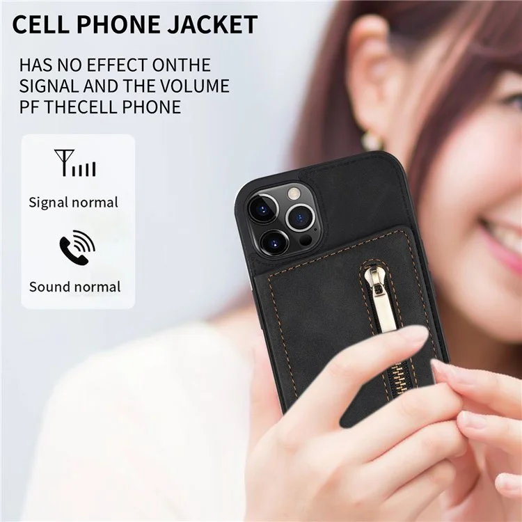 Anti-drop Handytasche für iPhone 14 Pro Max 6,7 Zoll, PU-Leder beschichtete TPU-Rückseite mit Reißverschlusstasche, Kartenfach und Ständer - Schwarz