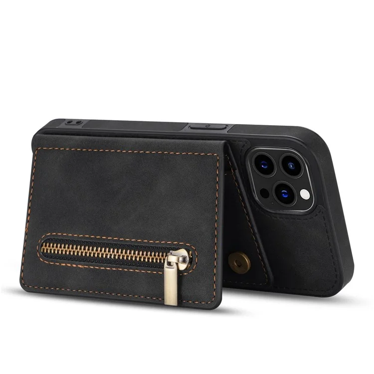 Anti-drop Handytasche für iPhone 14 Pro Max 6,7 Zoll, PU-Leder beschichtete TPU-Rückseite mit Reißverschlusstasche, Kartenfach und Ständer - Schwarz