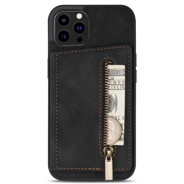 Anti-drop Handytasche für iPhone 14 Pro Max 6,7 Zoll, PU-Leder beschichtete TPU-Rückseite mit Reißverschlusstasche, Kartenfach und Ständer - Schwarz