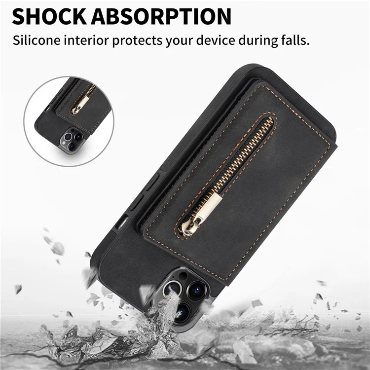 Anti-drop Handytasche für iPhone 14 Pro Max 6,7 Zoll, PU-Leder beschichtete TPU-Rückseite mit Reißverschlusstasche, Kartenfach und Ständer - Schwarz