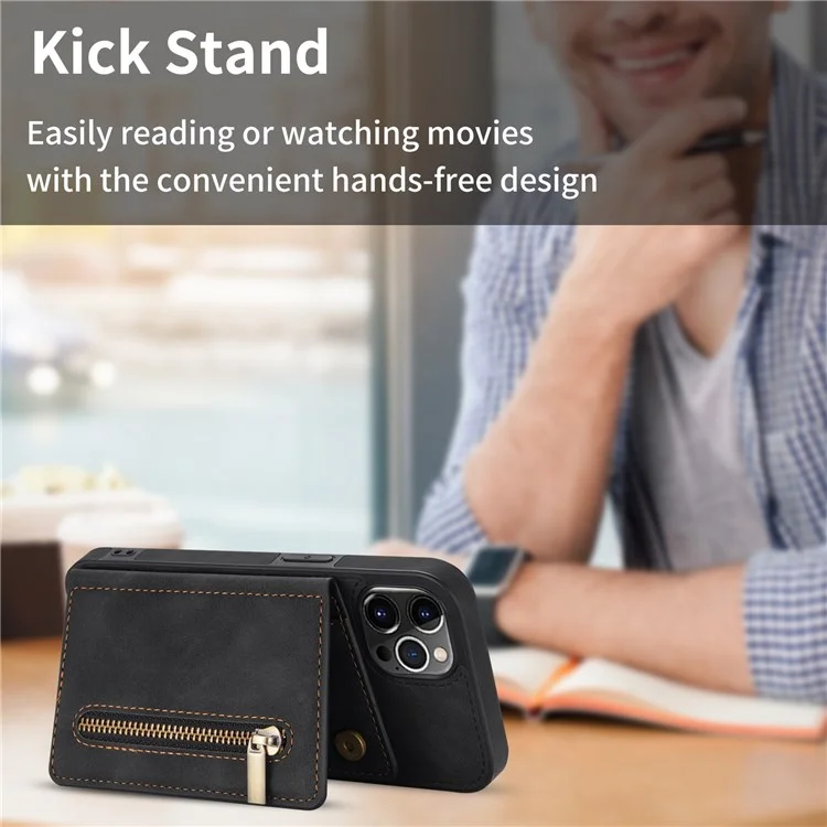 Anti-drop Handytasche für iPhone 14 Pro Max 6,7 Zoll, PU-Leder beschichtete TPU-Rückseite mit Reißverschlusstasche, Kartenfach und Ständer - Schwarz