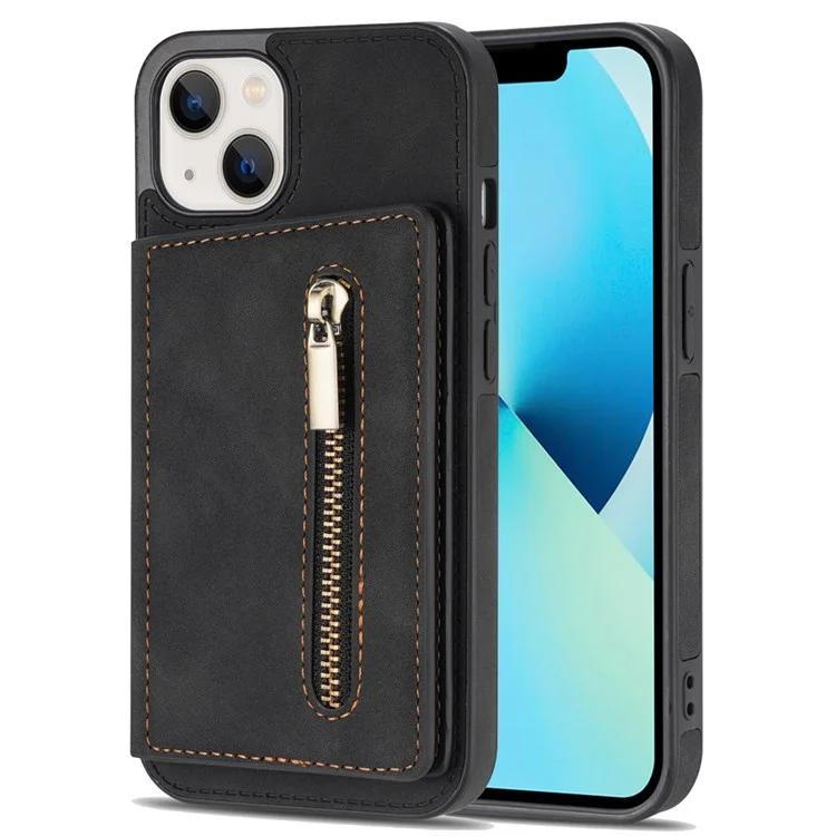 For iPhone 14 6.1 inch PU Leather Coated TPU Phone Case Kickstand Anti-scratch Back Cover with Zipper Pocket Card Holder - Black