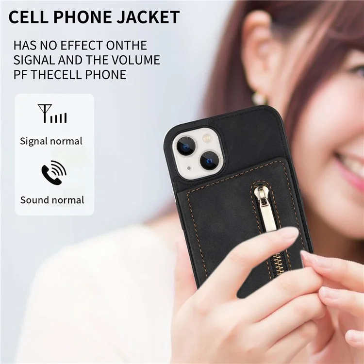 For iPhone 14 6.1 inch PU Leather Coated TPU Phone Case Kickstand Anti-scratch Back Cover with Zipper Pocket Card Holder - Black