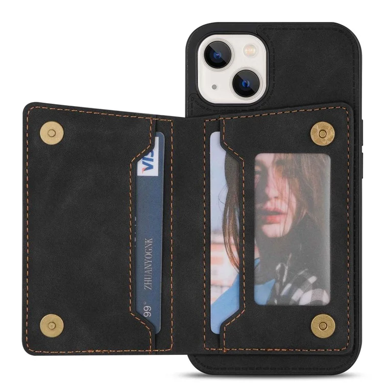 For iPhone 14 6.1 inch PU Leather Coated TPU Phone Case Kickstand Anti-scratch Back Cover with Zipper Pocket Card Holder - Black