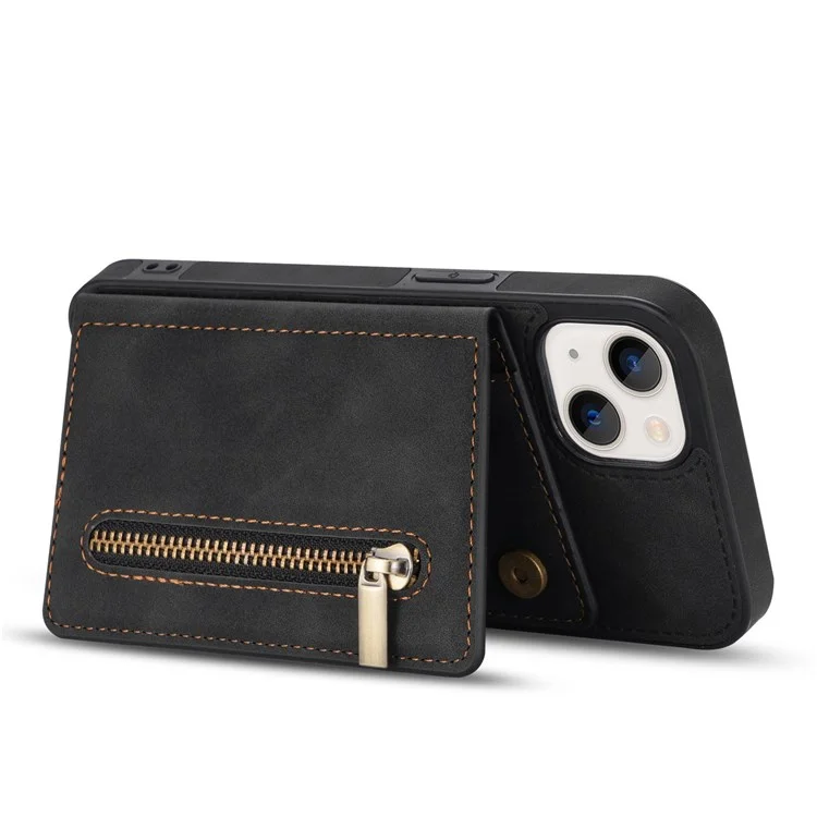 For iPhone 14 6.1 inch PU Leather Coated TPU Phone Case Kickstand Anti-scratch Back Cover with Zipper Pocket Card Holder - Black