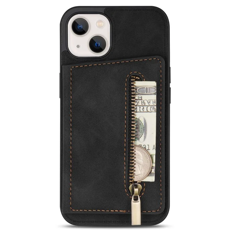 For iPhone 14 6.1 inch PU Leather Coated TPU Phone Case Kickstand Anti-scratch Back Cover with Zipper Pocket Card Holder - Black