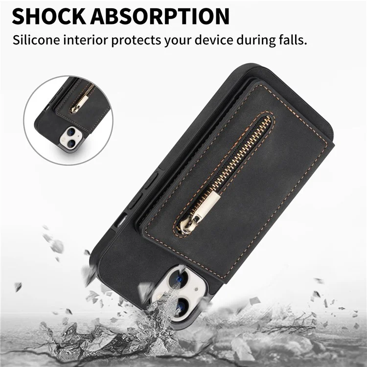 For iPhone 14 6.1 inch PU Leather Coated TPU Phone Case Kickstand Anti-scratch Back Cover with Zipper Pocket Card Holder - Black