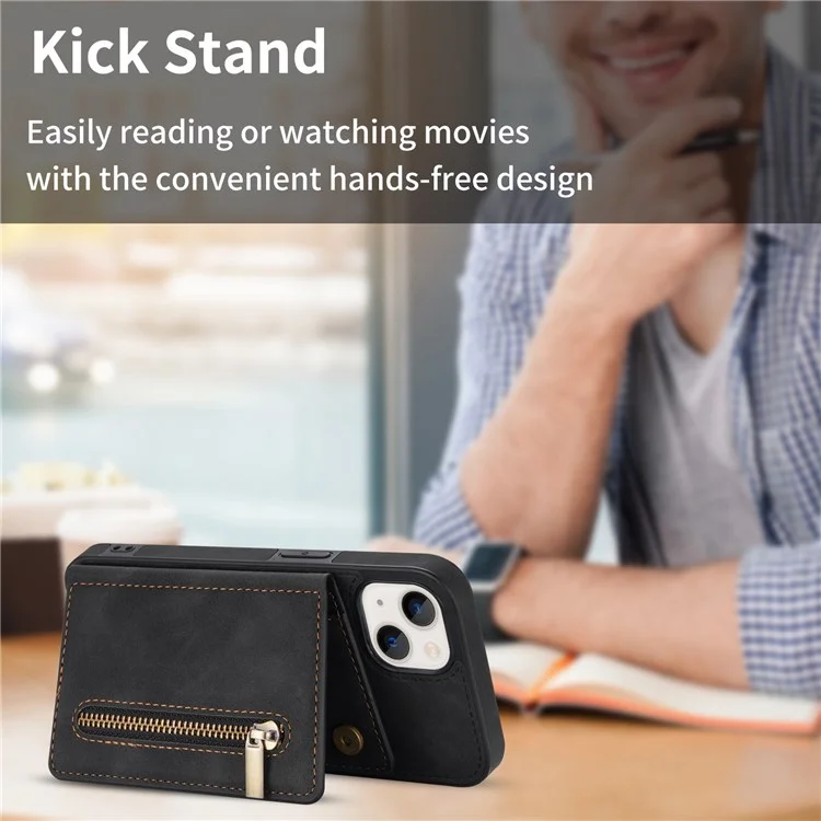 For iPhone 14 6.1 inch PU Leather Coated TPU Phone Case Kickstand Anti-scratch Back Cover with Zipper Pocket Card Holder - Black
