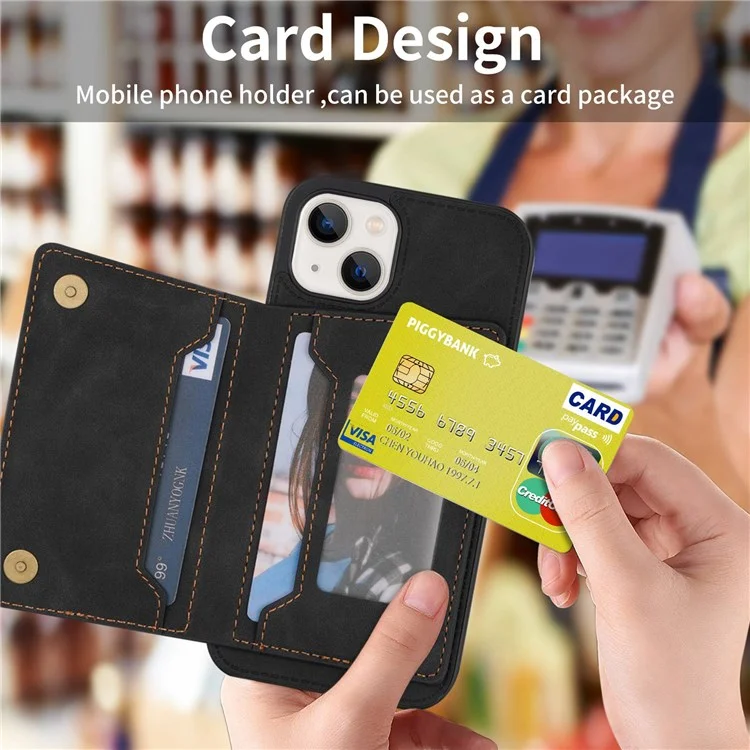 For iPhone 14 6.1 inch PU Leather Coated TPU Phone Case Kickstand Anti-scratch Back Cover with Zipper Pocket Card Holder - Black