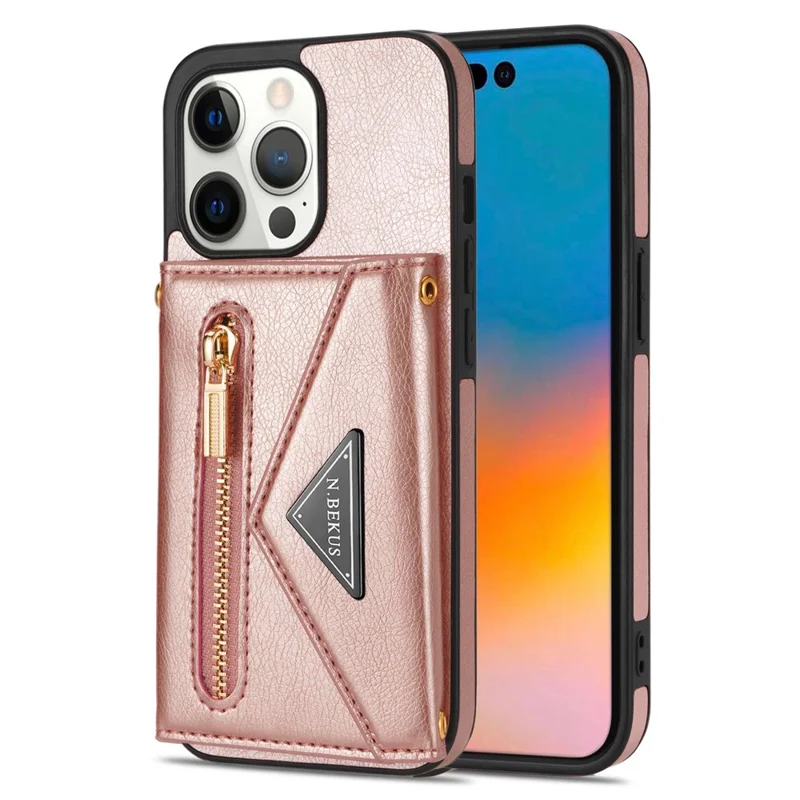 N.BEKUS Phone Wallet Case for iPhone 14 Pro Max 6.7 inch, Anti-fall PU Leather Coated TPU Back Cover Card Holder Scratch-resistant Shell Kickstand with Strap - Pink