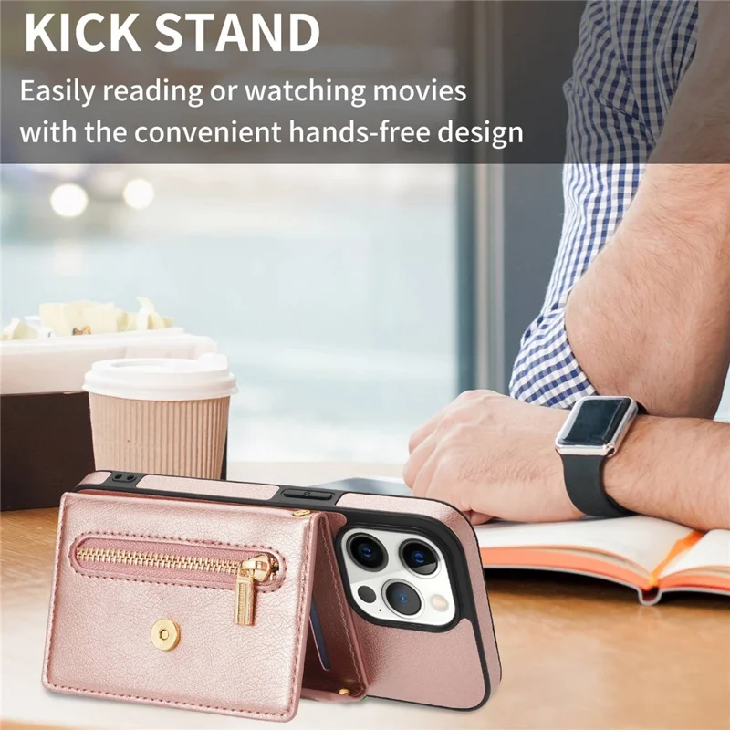 N.BEKUS Phone Wallet Case for iPhone 14 Pro Max 6.7 inch, Anti-fall PU Leather Coated TPU Back Cover Card Holder Scratch-resistant Shell Kickstand with Strap - Pink