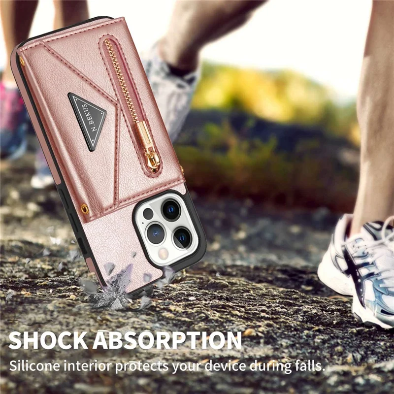 N.BEKUS Phone Wallet Case for iPhone 14 Pro Max 6.7 inch, Anti-fall PU Leather Coated TPU Back Cover Card Holder Scratch-resistant Shell Kickstand with Strap - Pink