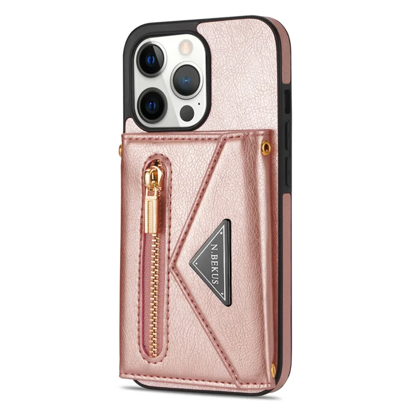 N.BEKUS Phone Wallet Case for iPhone 14 Pro Max 6.7 inch, Anti-fall PU Leather Coated TPU Back Cover Card Holder Scratch-resistant Shell Kickstand with Strap - Pink