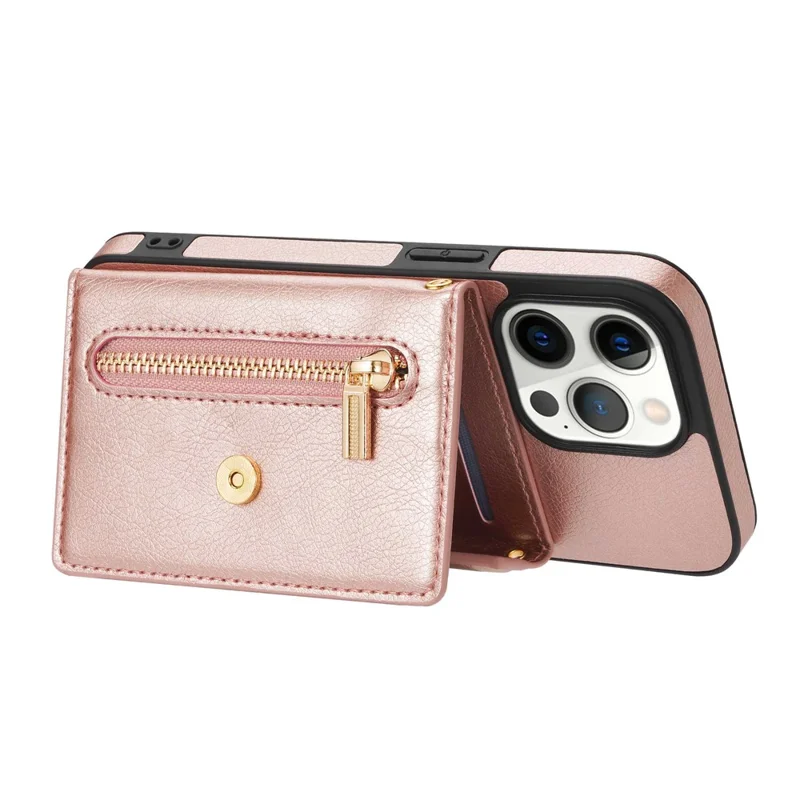 N.BEKUS Phone Wallet Case for iPhone 14 Pro Max 6.7 inch, Anti-fall PU Leather Coated TPU Back Cover Card Holder Scratch-resistant Shell Kickstand with Strap - Pink