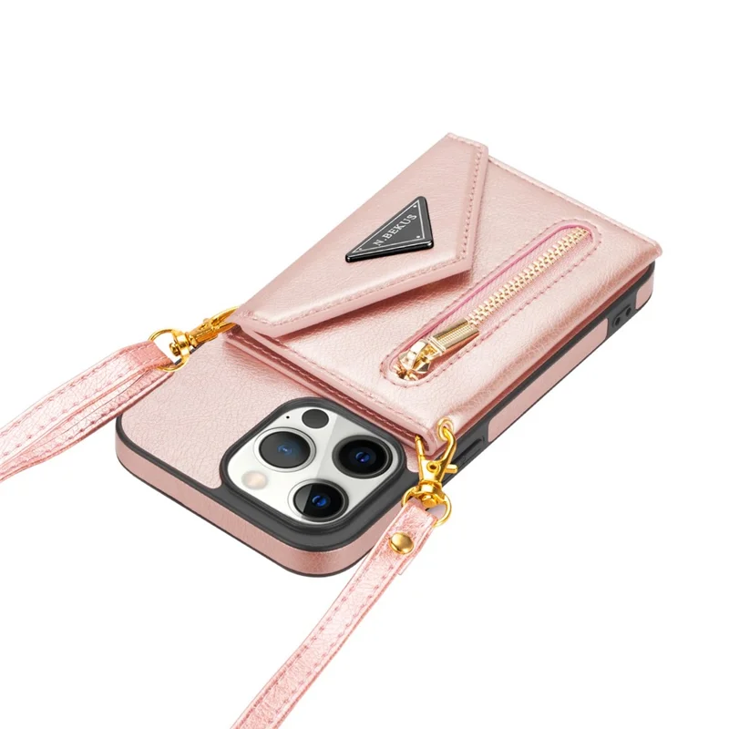 N.BEKUS Phone Wallet Case for iPhone 14 Pro Max 6.7 inch, Anti-fall PU Leather Coated TPU Back Cover Card Holder Scratch-resistant Shell Kickstand with Strap - Pink