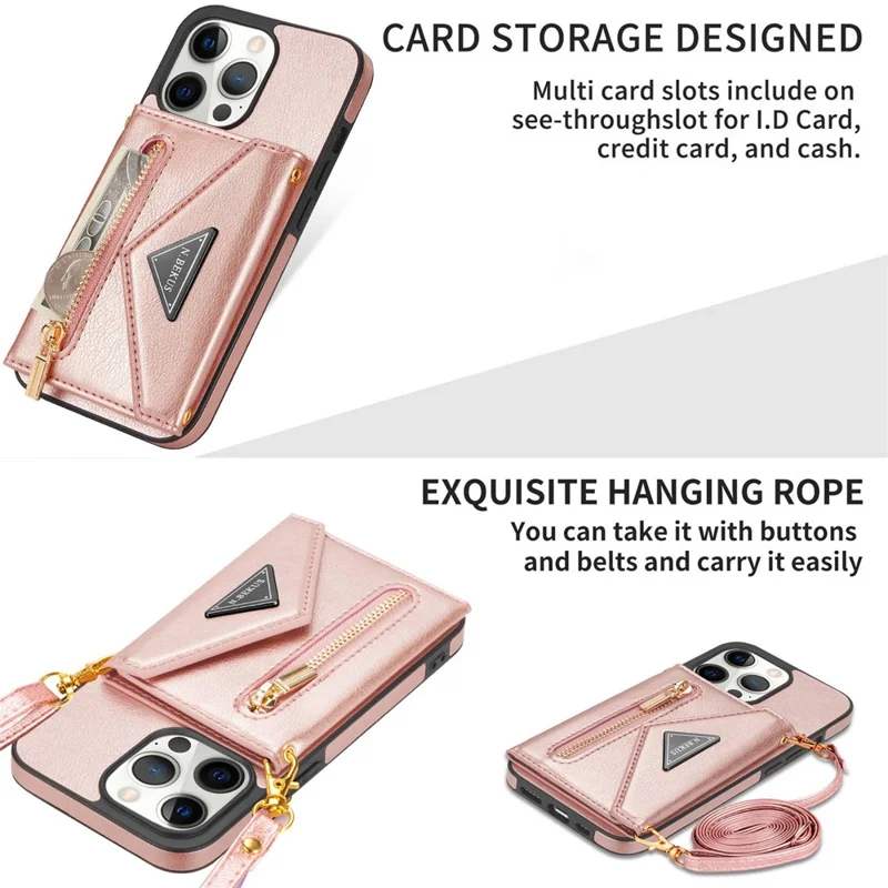 N.BEKUS Phone Wallet Case for iPhone 14 Pro Max 6.7 inch, Anti-fall PU Leather Coated TPU Back Cover Card Holder Scratch-resistant Shell Kickstand with Strap - Pink